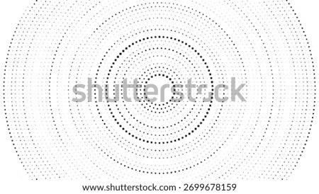 Halftone dotted circular rings arranged in smooth expanding gradients, minimal abstract radial background ideal for print graphics, web interfaces, branding design layouts and modern artistic composit