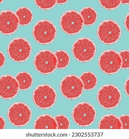 Halftone dotted colored grapefruit slice  on blue background seamless pattern. summer fresh print design. Vector illustration.