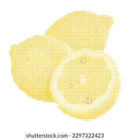 Halftone dotted colored lemon with drops of water on white background. Vector illustration.
