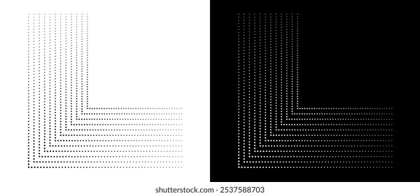 Esquina punteada de semitono como fondo o icono para cualquier proyecto. Forma negra sobre un fondo blanco y la misma forma blanca en el lado negro.