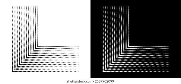 Halftone dotted corner as background or icon for any projects. Black shape on a white background and the same white shape on the black side.