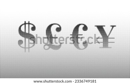 Halftone dotted currency signs of Dollar, Euro, Pound, Yen over dotted background.