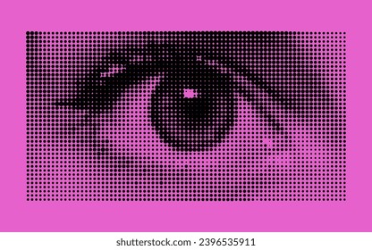 Halftone dotted cutout eye on pink background for trendy y2k retro collages. Vector textured female sight