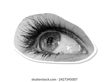 Halftone dotted cutout eye sticker for trendy y2k retro collages. Vector textured female look up