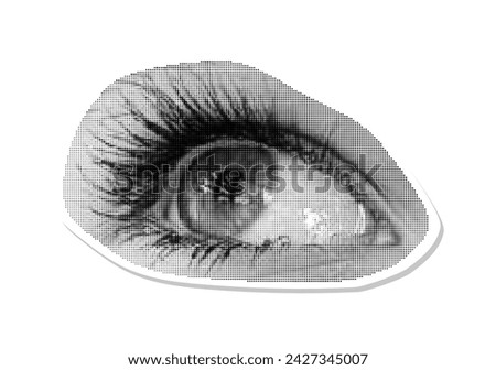 Halftone dotted cutout eye sticker for trendy y2k retro collages. Vector textured female look up
