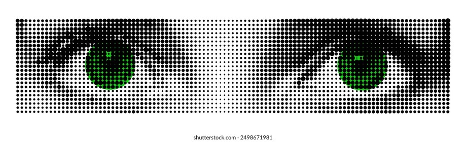 Halftone dotted cutout green eyes for trendy y2k retro collages. Vector textured female sight