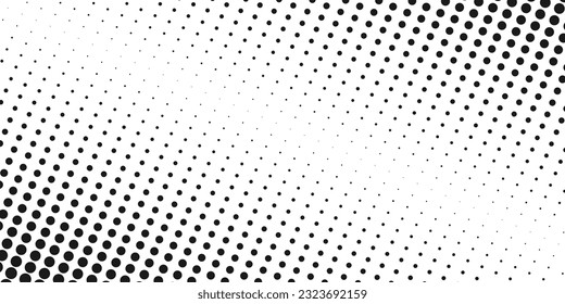 Halftone dotted diagonal gradient. Abstract black and white geometric horizontal background