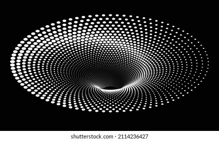 Halftone dotted distorted circle as funnel. Abstract background.