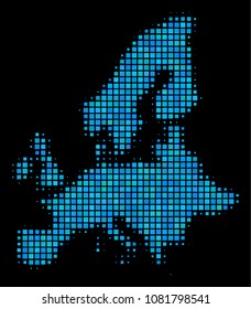 Halftone Dotted European Union Map. Vector geographical map in blue color shades on a black background. Vector composition of European Union Map composed of square items.