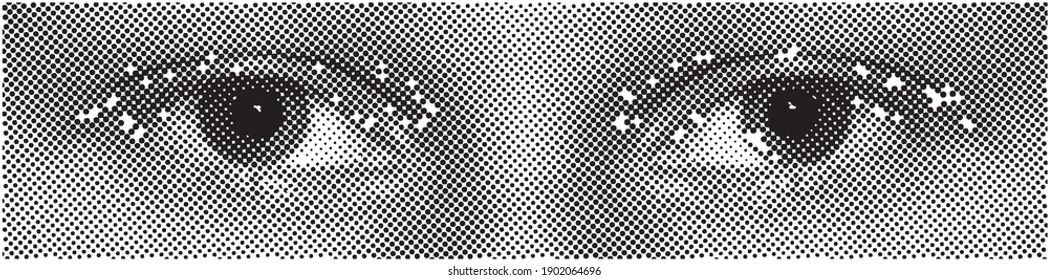 Halftone dotted eyes. Black dots and the rest is transparent. Glitter form around eyes. Perfect to put a photo or other color behind to cool effect. Vector illustration.