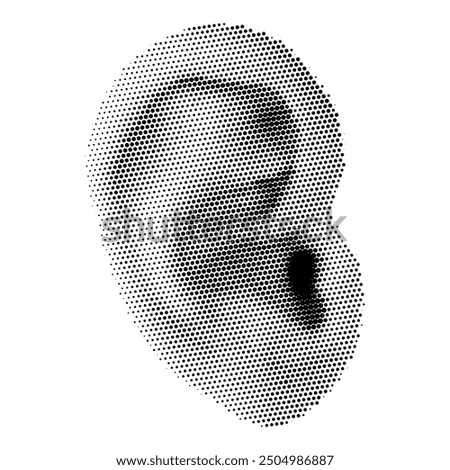 Halftone dotted female ear. Vector textured ear for trendy y2k retro collage