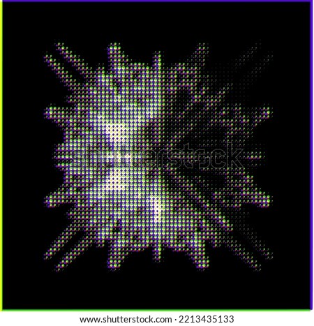 Halftone dotted four-vertex mandala with muted-darkened sector and with CMYK shift or RGB glitch on black background. Contour of dots, polka dots, blots, spots, slicks, strokes. Confetti effect.Vector