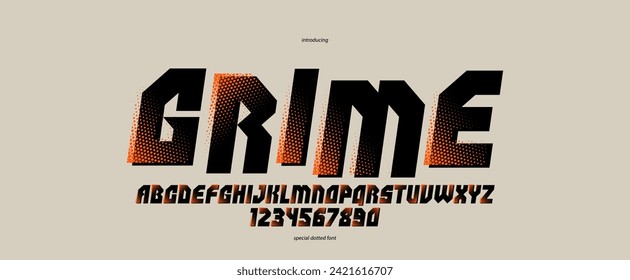 Halftone dotted futuristic cyberpunk font for logos and posters, vector brutal industrial typeface alphabet letters and numbers, urban technic future typography, italic version.