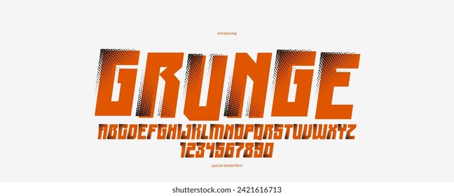 Halftone dotted futuristischen Cyberpunk Schriftart für Logos und Plakate, Vektorgrafik brutal industrielle Schrift Buchstaben und Zahlen, urbane technische Zukunft Typografie, kuratische Version.