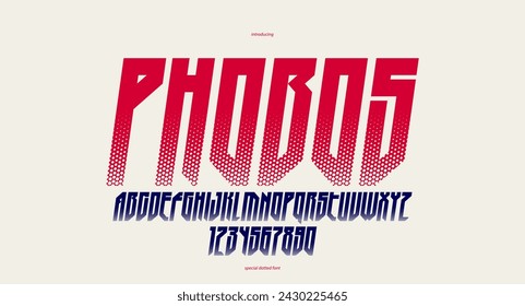 Halftone dotted futuristic cyberpunk font for logos and posters, vector brutal industrial typeface alphabet letters and numbers, urban technic future typography, italic version.
