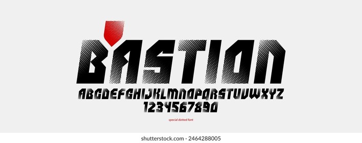 Halftone dotted futuristic cyberpunk font for logos and posters, vector brutal industrial typeface alphabet letters and numbers, urban technic future typography, italic version.