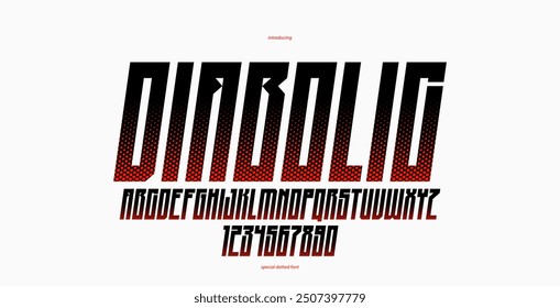 Halftone dotted futuristic cyberpunk font for logos and posters, vector brutal industrial typeface alphabet letters and numbers, urban technic future typography, italic version.