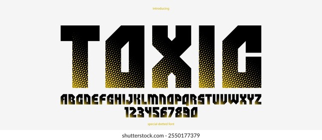 Fonte cyberpunk futurista pontilhada de meio-tom para logotipos e cartazes, letras e números em alfabeto industrial brutal vetorial, tipografia urbana técnica futura.