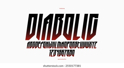 Fonte ciberpunk futurista pontilhada de meio-tom para logotipos e cartazes, letras e números em alfabeto industrial brutal vetorial, tipografia urbana técnica futura, versão em itálico.