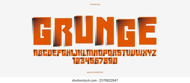 Halftone dotted futuristic cyberpunk font for logos and posters, vector brutal industrial typeface alphabet letters and numbers, urban technic future typography.