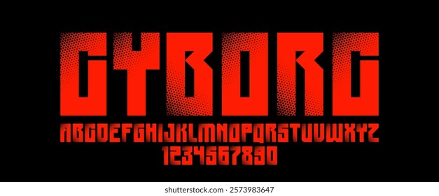 Halftone dotted futuristic cyberpunk font for logos and posters, vector brutal industrial typeface alphabet letters and numbers, urban technic future typography.