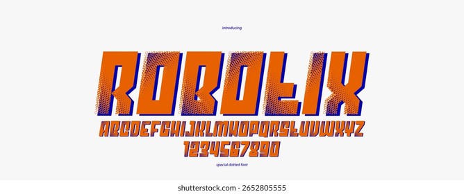 Fonte ciberpunk futurista pontilhada de meio-tom para logotipos e cartazes, letras e números em alfabeto industrial brutal vetorial, tipografia urbana técnica futura, versão em itálico.