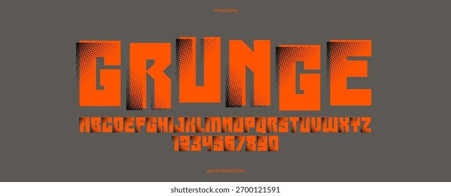 Halftone dotted futuristic cyberpunk font for logos and posters, vector brutal industrial typeface alphabet letters and numbers, urban technic future typography.