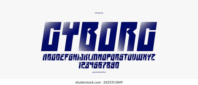 Halftone dotted geometric brutal and bold typeface for logos and posters, vector urban industrial font, modern display typography in cyberpunk futuristic style, italic version.