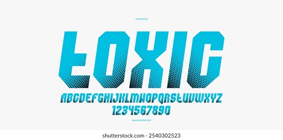 Halftone dotted geometric brutal and bold typeface for logos and posters, vector urban industrial font, modern display typography in cyberpunk futuristic style, italic version.