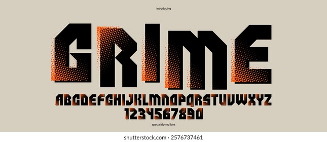 Halftone dotted geometric brutal and bold typeface for logos and posters, vector urban industrial font, modern display typography in cyberpunk futuristic style.