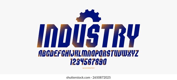 Halftone dotted geometric brutal and bold typeface for logos and posters, vector urban industrial font, modern display typography in cyberpunk futuristic style, italic version.