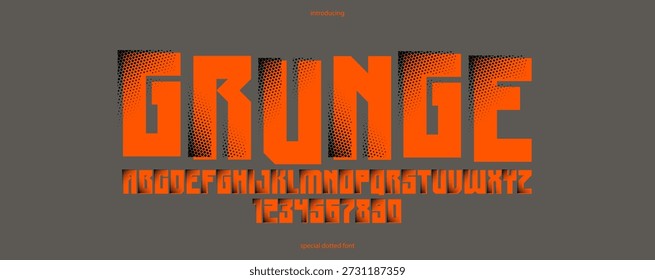 Halftone gepunktete geometrische brutale und fette Schrift für Logos und Poster, Vektor urbane Schrift, moderne Display-Typografie im Cyberpunk futuristischen Stil.