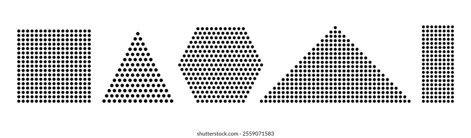Halftone dotted geometric shapes. Isolated vector spotted textured triangles, square, hexagon