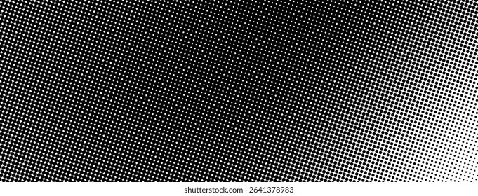 Halftone dotted gradient. Black pixel speckle wave background. Noise effect comic pattern. Retro grain dust overlay. Dot grid print banner. Grungy faded dirt dust vintage design. Rough punk texture bg