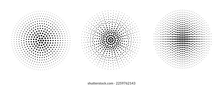 Círculo de gradiente con puntos de semitono. Fondo con puntos circular de efecto semicírico. Forma de textura redondeada de punto. Ilustración vectorial aislada en el fondo blanco.