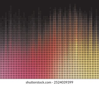 Uma imagem de gradiente pontilhada de meio-tom que representa ondas de som ou frequências digitais, fazendo a transição de cores escuras para quentes, incluindo rosa, vermelho, laranja e amarelo.