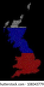 Halftone Dotted Great Britain map. Vector geographic map in Russian state flag colors on a dark background. Stylized pattern of Great Britain map created of spheric dots.