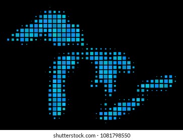 Halftone Dotted Great Lakes Map. Vector geographical map in blue color tints on a black background. Vector pattern of Great Lakes Map designed of rectangle pixels.