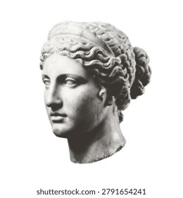 Halftone dotted Greek goddess statue head vector illustration isolated.