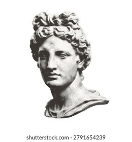 Halftone dotted Greek statue head vector illustration isolated.