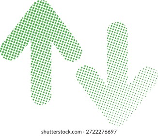 Par de íconos de flechas verdes hacia arriba y hacia abajo de semitonos para direcciones comerciales, tendencias del mercado de valores, señales de compra y venta, Elementos de interfaz de usuario de navegación, gráficos de estrategia comercial e interfaces modernas de App de tecnología financiera.