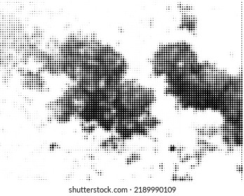 Halftone dotted grunge vector background. Urban old peeled wall. Dust Distressed Overlay. Rough black and white texture with faded paint and scratched plaster. Wallpaper with rust and dirt.