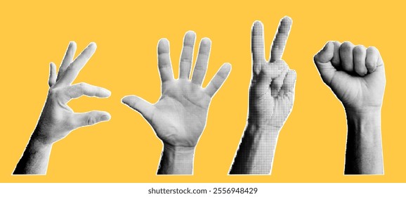 Halftone dotted hand gestures for trendy y2k retro collages. Vector textured male arms stickers set