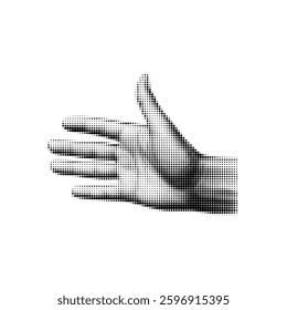Halftone dotted hand open palm gesture black. Open palm retro pop art dot pattern design