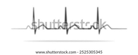 Halftone dotted heartbeat pulse, rhythm, Electrocardiogram, ECG, and EKG seamless signal line pattern isolated on a white background with editable stroke. Abstract retro, grunge vector illustration