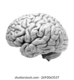 Halftone dotted illustration of a human brain. Abstract black and white pixel pattern symbolizing intelligence, science, AI, and creativity.