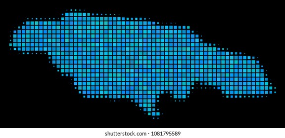 Halftone Dotted Jamaica Map. Vector geographic map in blue color variations on a black background. Vector composition of Jamaica Map done of square dots. Stylized halftone illustration for templates.
