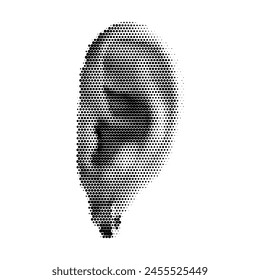 Halftone dotted male ear with earring. Vector textured ear for trendy y2k retro collage