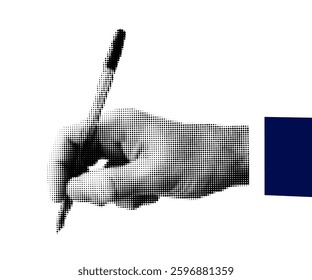 Halftone dotted male hand writing with pen. Vector textured photocopy effect business hand for trendy collages