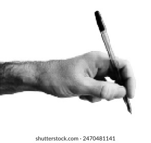 Halftone dotted male writing hand with a pen. Vector textured male arm for trendy y2k retro collage